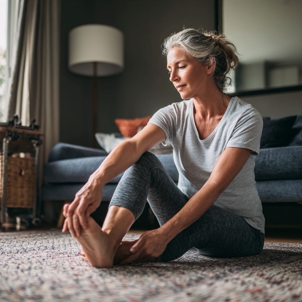 Middle-aged woman practicing foot mobility exercises at home
